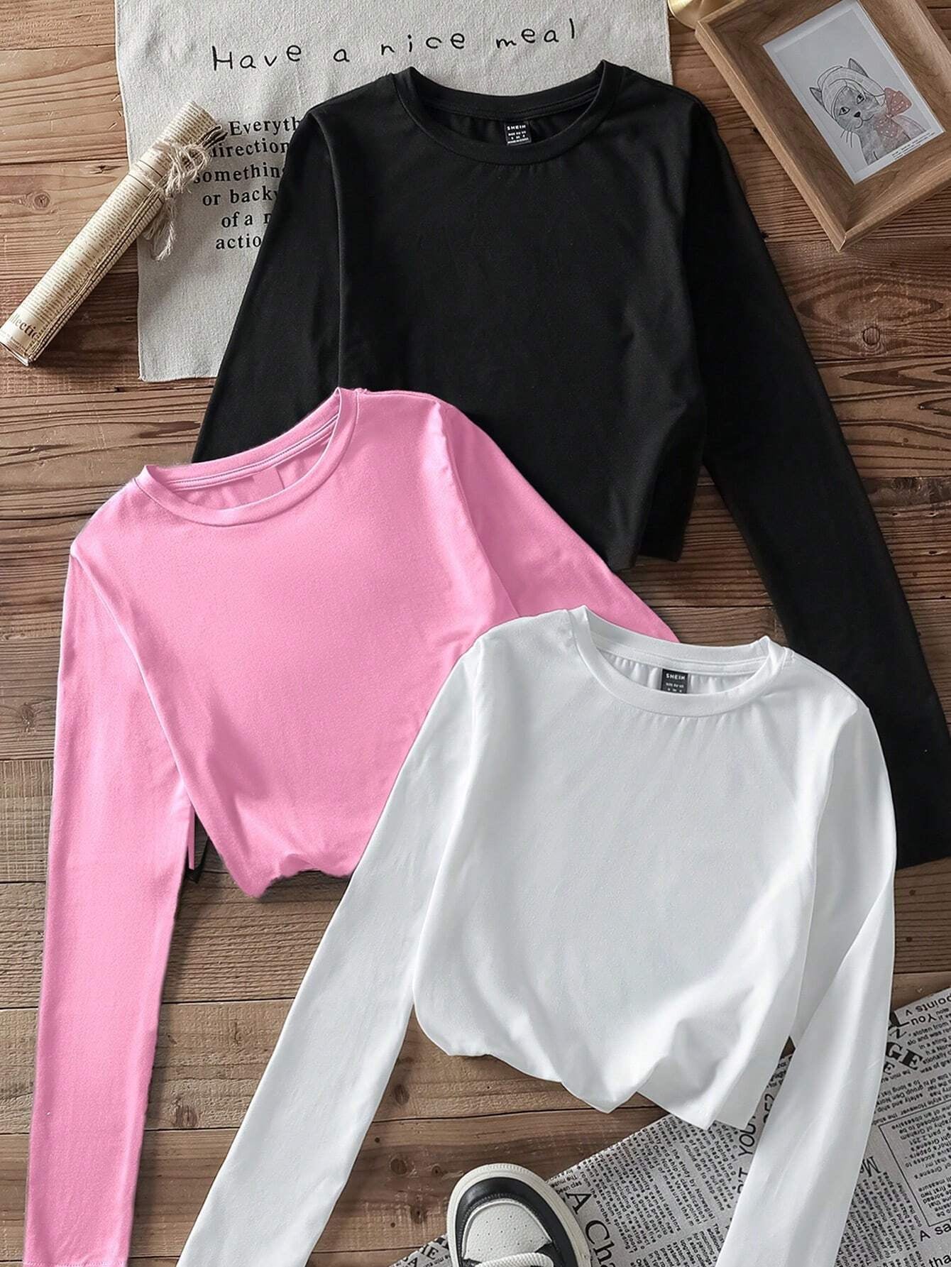 SHEIN Ezwear Multi-Pack Women Versatile Casual Simple Long Sleeve T-Shirt Valentine Day
