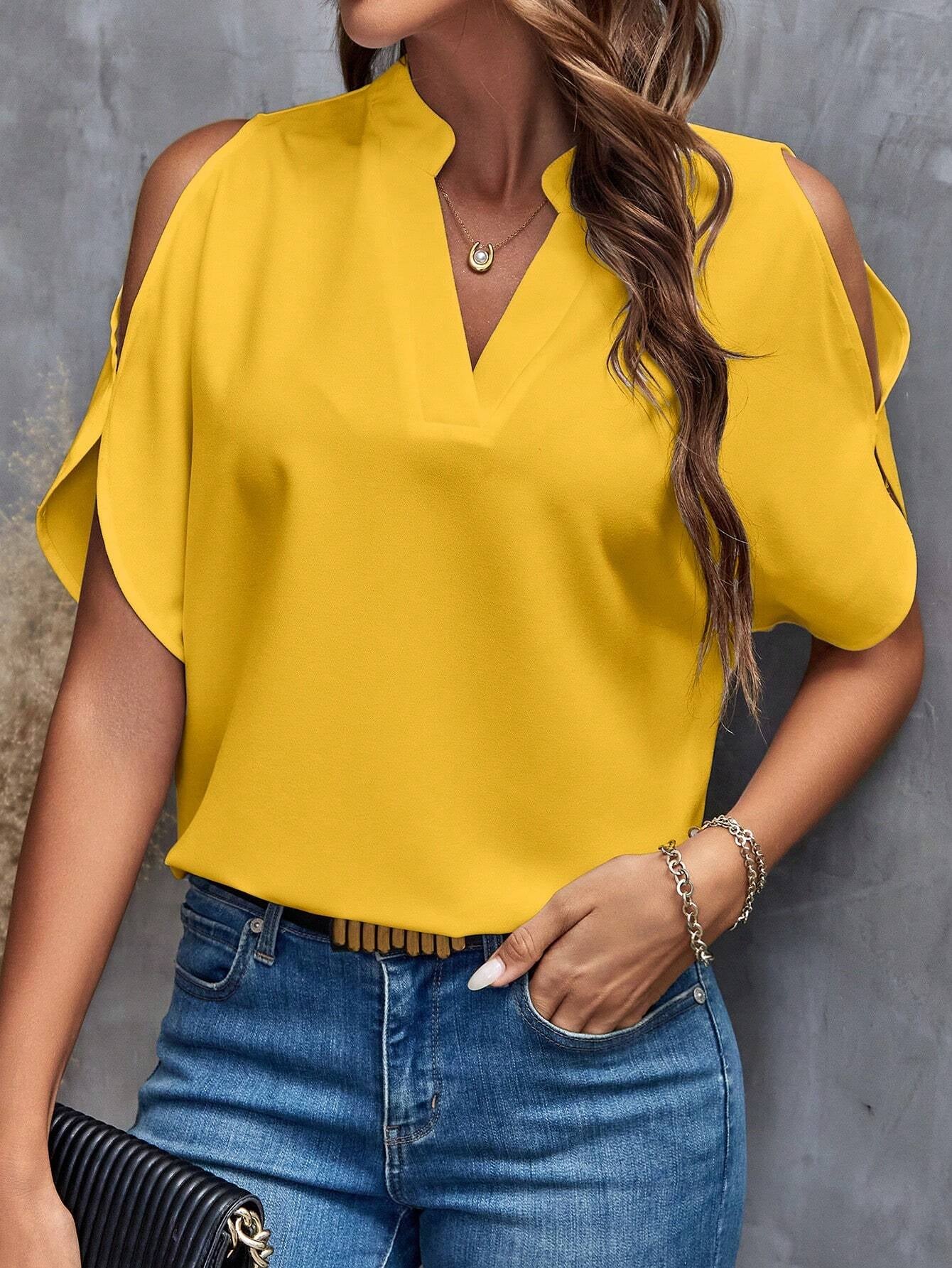 LUNE Solid Cold Shoulder Split Sleeve Popover Blouse,Short Sleeve Tops